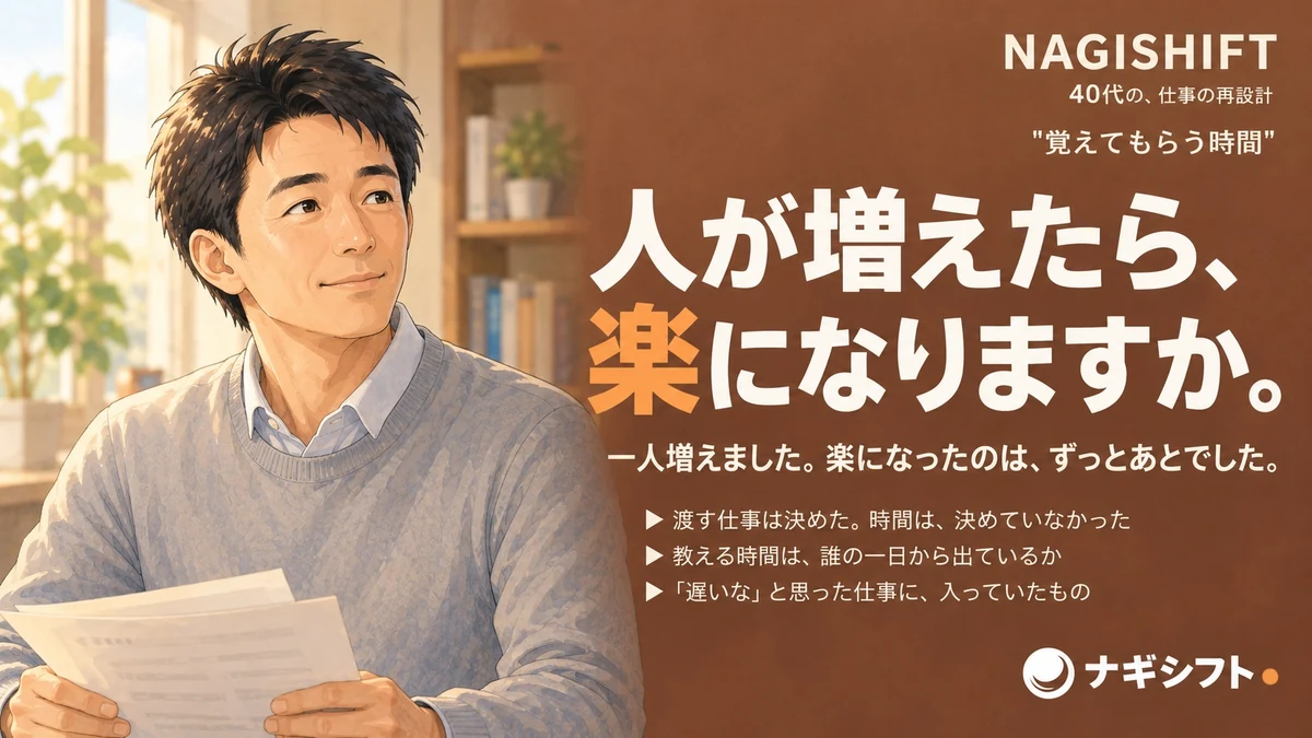 人が増えたら、楽になりますか。朝の光の職場で、少量の資料を手に斜めを向く40代の管理職