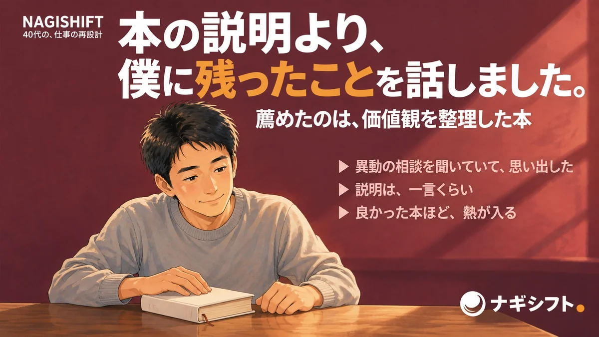 本の説明より、僕に残ったことを話しました。えんじ色の背景の中央で、閉じた無地の本に手を置き、少し照れた表情の40代管理職