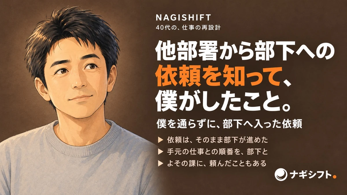 他部署から部下への依頼を知って、僕がしたこと。焦げ茶の背景の左側で、右上を見て穏やかに考える表情の40代管理職