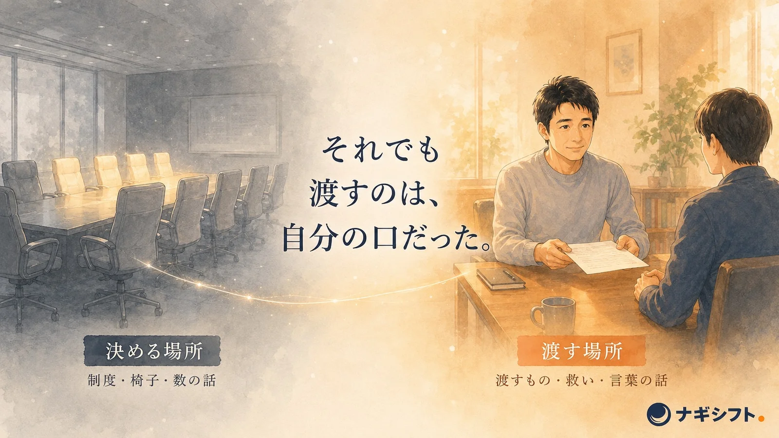 評価の椅子。席の数が先に決まる会議室と、その結果を一人の顔の前で渡す面談室のあいだにある距離。それでも渡すのは自分の口