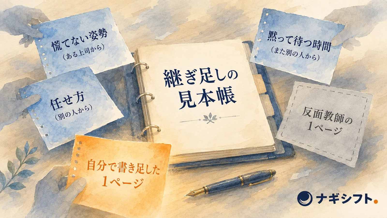 継ぎ足しの見本帳。ある上司からもらった慌てない姿勢、別の人からもらった任せ方、また別の人からもらった黙って待つ時間、反面教師の1ページ、そして自分で書き足した1ページを一冊に綴じる