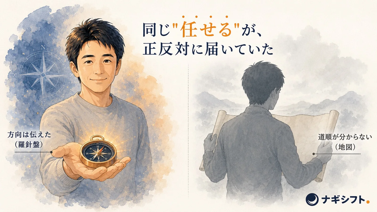 方向を示す羅針盤を渡して自走を期待する上司と、道順の書かれた地図を待って立ち止まる部下。同じ「任せる」が正反対の物として届いているすれ違いの構造