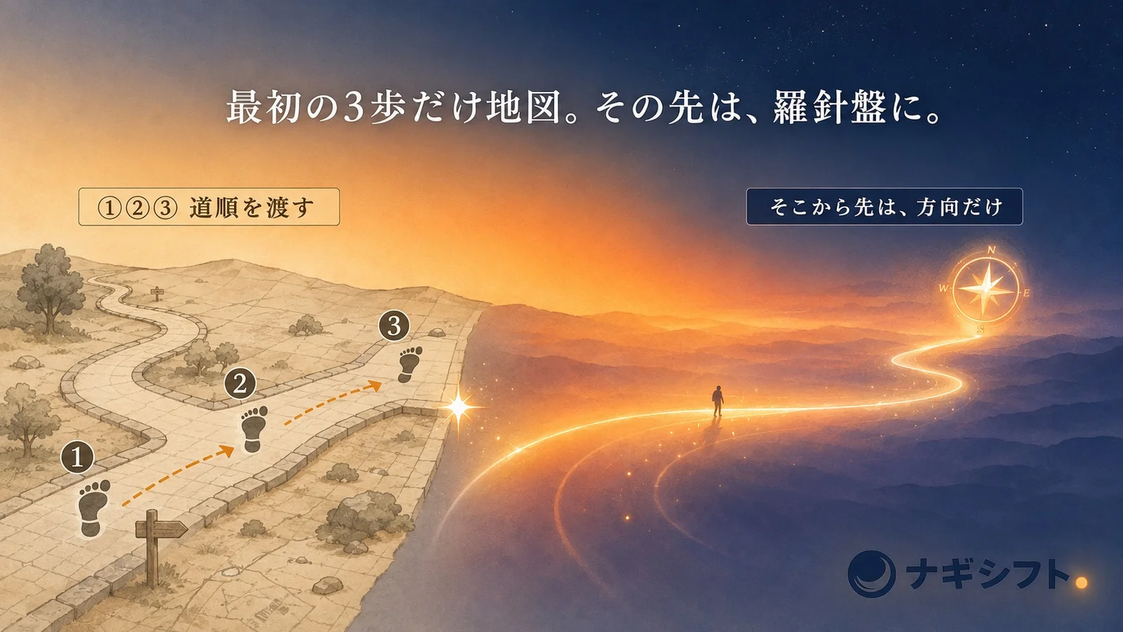 最初の数歩だけ道順を描いた地図を渡し、その先は方向を示す羅針盤に切り替える任せ方。全部の道順を書く細かすぎる指示と、方向だけ渡す丸投げの中間