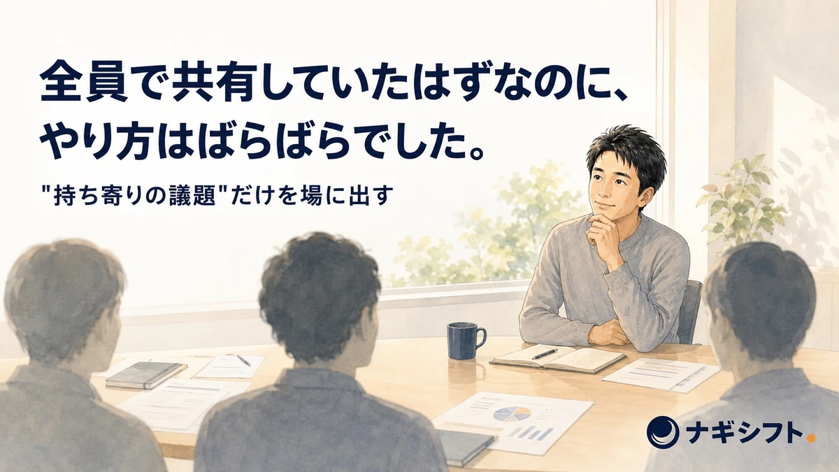 明るい会議室で、順番に報告するメンバーを少し離れて見つめる40代の管理職