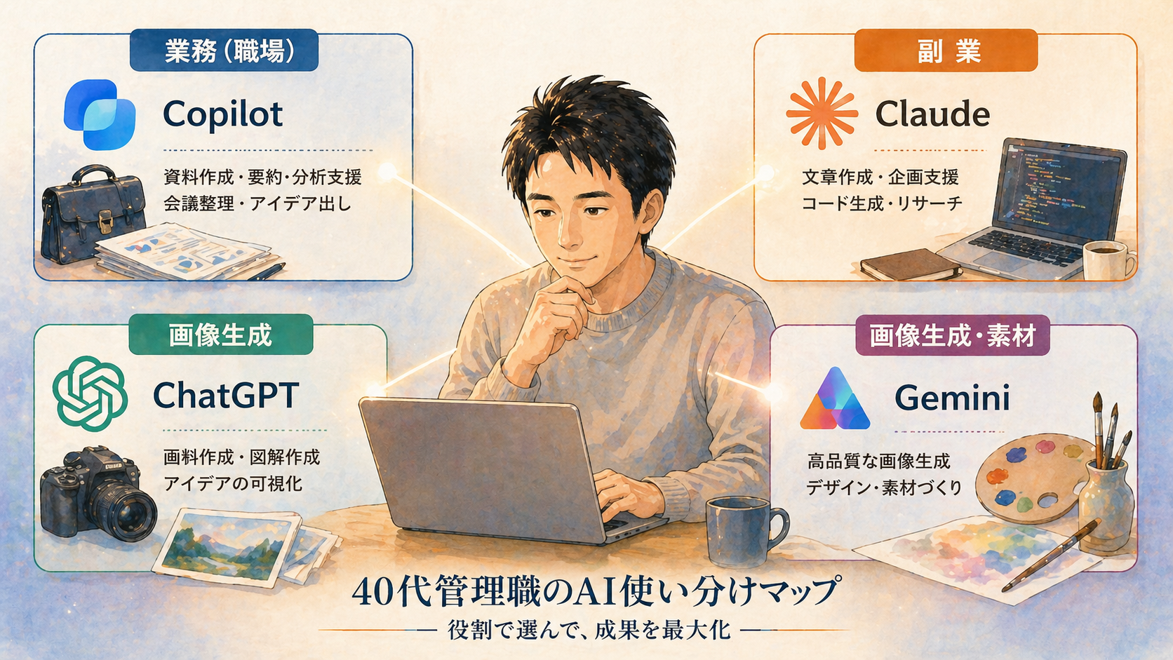 40代管理職のAI使い分けマップ｜Copilot・Claude・ChatGPT・Geminiを役割で使い分ける図解