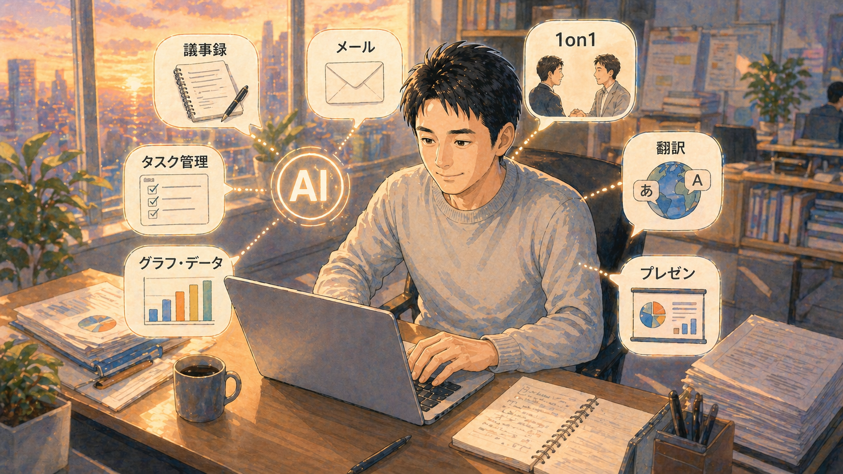 40代管理職が生成AIで業務をこなす全体像｜議事録・メール・タスク管理・データ分析・1on1・翻訳・プレゼンなど10シーンの俯瞰図