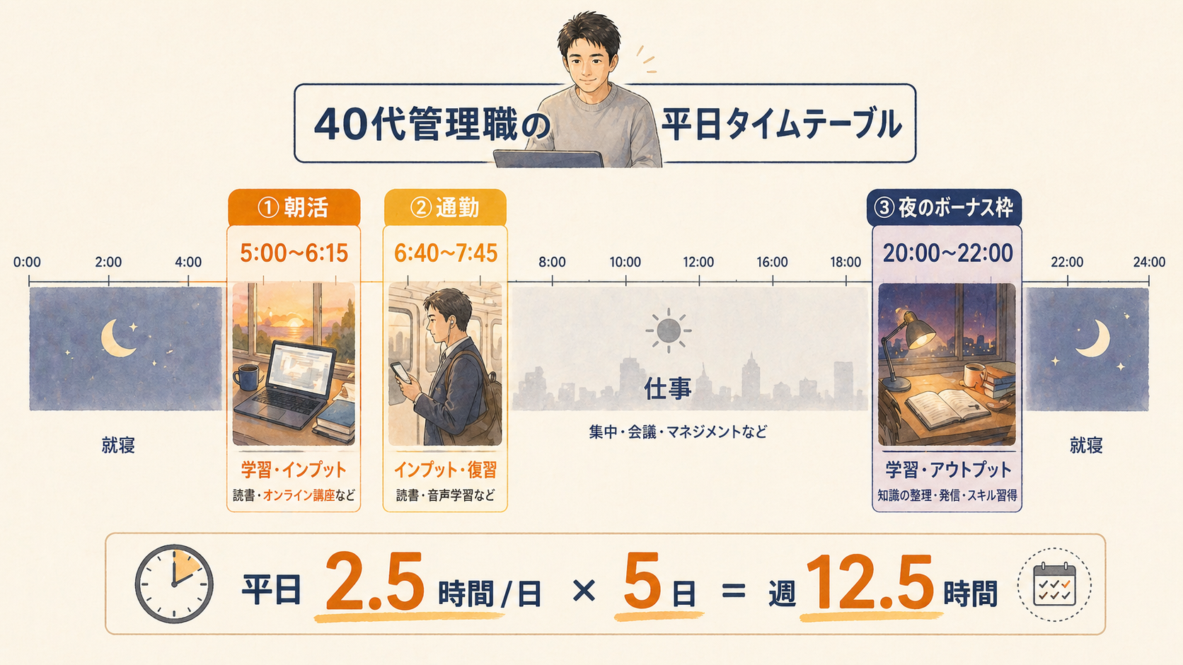 40代管理職の平日タイムテーブル｜朝活5:00-6:15＋通勤6:40-7:45＋夜のボーナス枠20:00-22:00で週12.5時間を確保