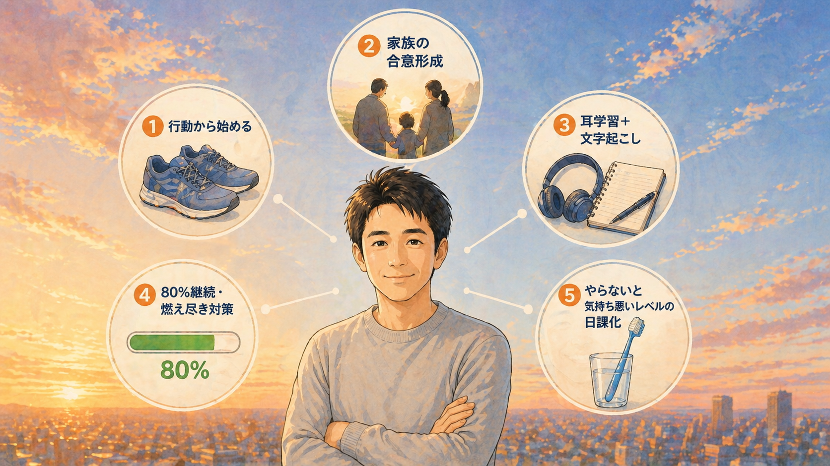 学習継続のための5つの工夫｜行動から始める・家族の合意形成・耳学習＋文字起こし・80％継続・日課化を示す図解
